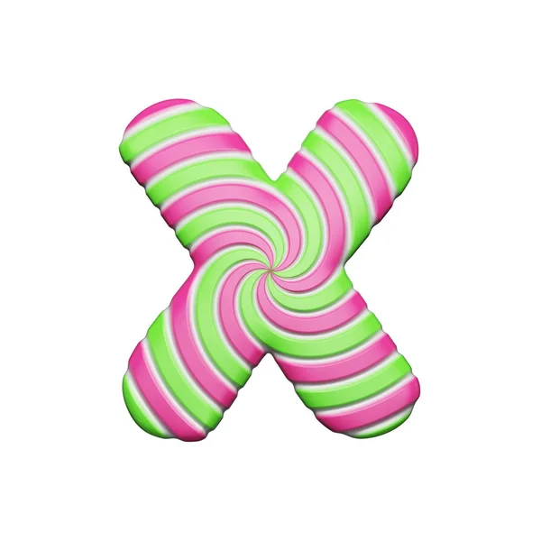 Sweet alphabet letter X. Christmas font made of pink and green spiral striped lollipop. Renderização 3D isolada em fundo branco . — Fotografia de Stock