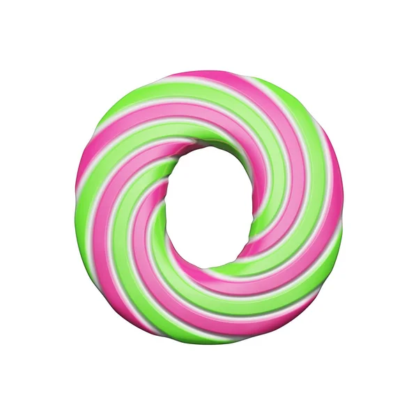 Літера солодкого алфавіту О. Різдвяний шрифт з рожевого і зеленого спірального льодяника. 3D візуалізація ізольована на білому тлі . — стокове фото