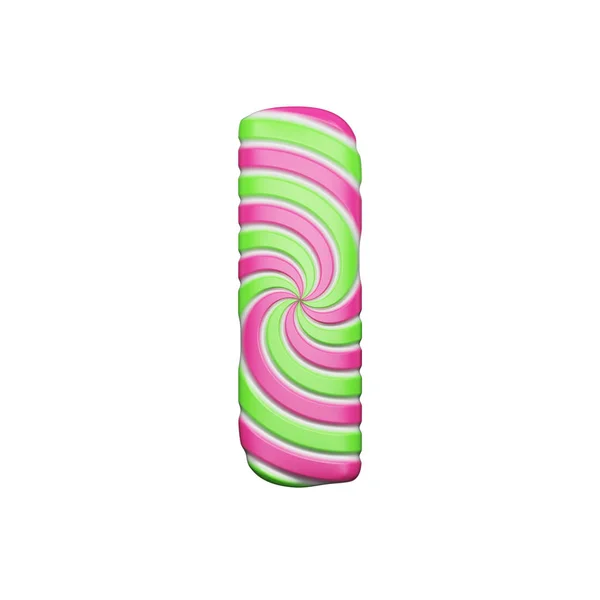 Sweet alphabet letter I. Christmas font made of pink and green spiral striped lollipop. Renderização 3D isolada em fundo branco . — Fotografia de Stock