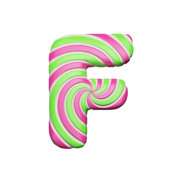 Süßer Buchstabe f. Weihnachtsschrift aus rosa und grün spiralgestreiftem Lutscher. 3D-Darstellung isoliert auf weißem Hintergrund. — Stockfoto