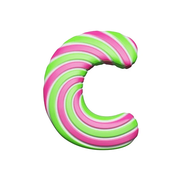 Sweet alphabet letter C. Christmas font made of pink and green spiral striped lollipop. Renderização 3D isolada em fundo branco . — Fotografia de Stock