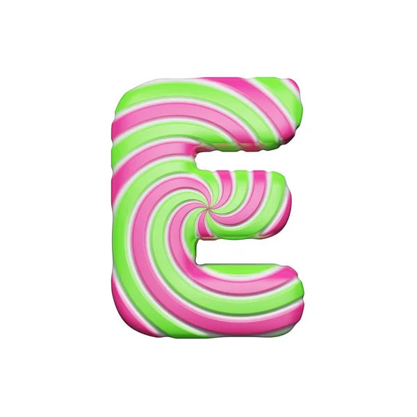 핑크와 녹색 소용돌이 줄무늬 사탕 달콤한 알파벳 편지 E. 크리스마스 글꼴에 의하여 이루어져 있다. 흰색 배경에 고립 된 3 차원 렌더링. — 스톡 사진