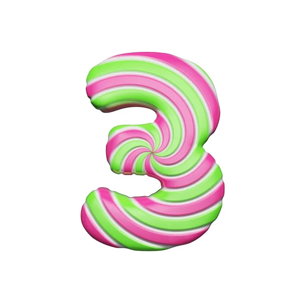 Sweet alphabet number 3. Christmas font made of pink and green spiral striped lollipop. 3D render isolated on white background. — Stock Photo, Image