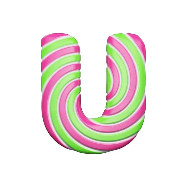 Édes ábécé levél U. karácsonyi betűtípus készült spirál rózsaszín és zöld csíkos nyalóka. 3D render elszigetelt fehér background. — Stock Fotó