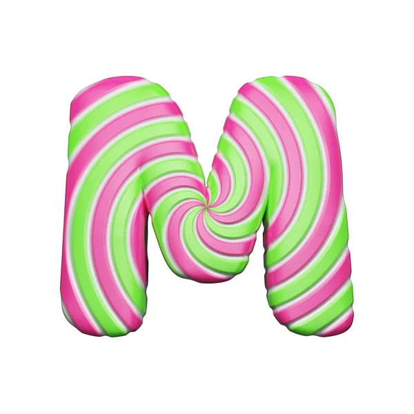 Sweet alphabet letter M. Christmas font made of pink and green spiral striped lollipop. 3D render isolated on white background. — Stock Photo, Image