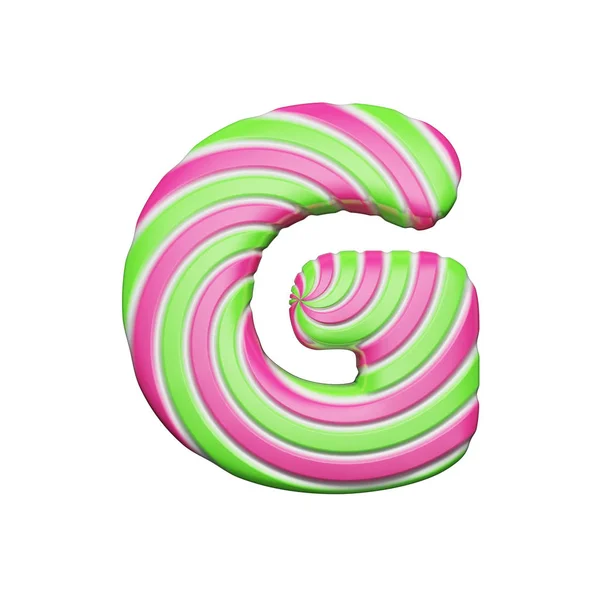 Söta alfabetet bokstaven G. jul teckensnitt gjorda av rosa och grön spiral randig slickepinne. 3D render isolerad på vit bakgrund. — Stockfoto