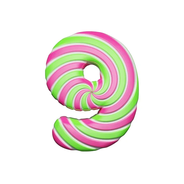 Alfabeto doce número 9. Fonte de Natal feita de pirulito listrado espiral rosa e verde. Renderização 3D isolada em fundo branco . — Fotografia de Stock