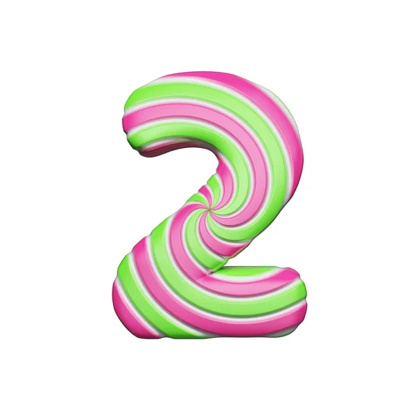 Dulce alfabeto número 2. Fuente navideña hecha de piruleta a rayas en espiral rosa y verde. Representación 3D aislada sobre fondo blanco . — Foto de Stock