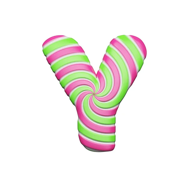 Літера солодкого алфавіту Y. Різдвяний шрифт з рожевого і зеленого спірального льодяника. 3D візуалізація ізольована на білому тлі . — стокове фото
