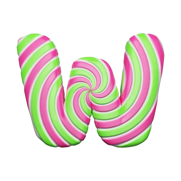 Lettre alphabet doux W. Fonte de Noël en sucette à rayures spirales roses et vertes. rendu 3D isolé sur fond blanc . — Photo