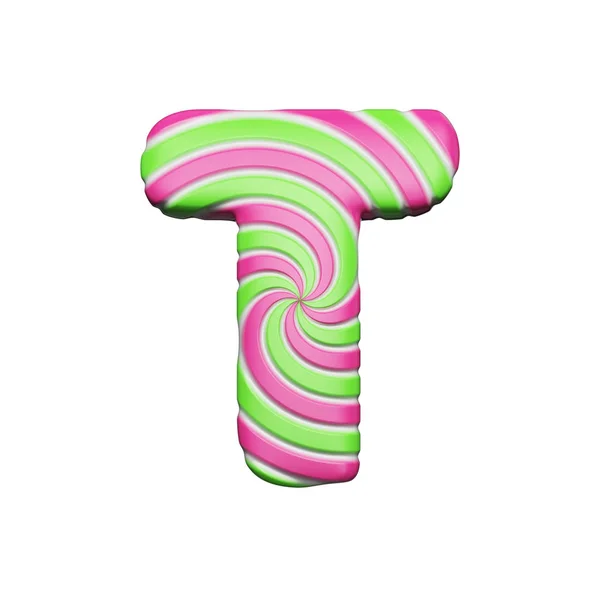 Sweet alphabet letter T. Christmas font made of pink and green spiral striped lollipop. Renderização 3D isolada em fundo branco . — Fotografia de Stock