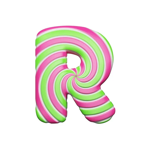 Sweet alphabet letter R. Christmas font made of pink and green spiral striped lollipop. Renderização 3D isolada em fundo branco . — Fotografia de Stock