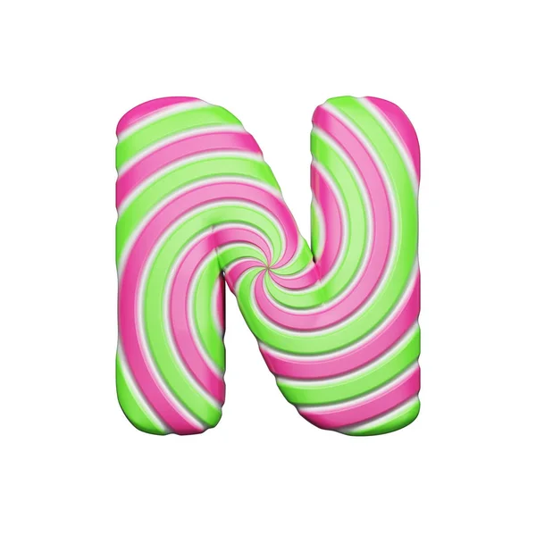 Sweet alphabet letter N. Christmas font made of pink and green spiral striped lollipop. Renderização 3D isolada em fundo branco . — Fotografia de Stock