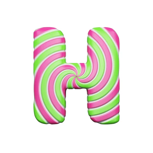 핑크와 녹색 소용돌이 줄무늬 사탕 달콤한 알파벳 문자 H. 크리스마스 글꼴에 의하여 이루어져 있다. 흰색 배경에 고립 된 3 차원 렌더링. — 스톡 사진