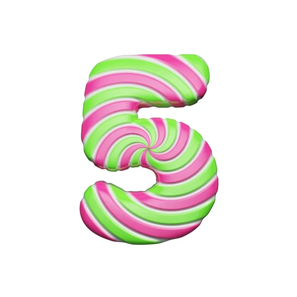 甜字母数字5。圣诞字体由粉红色和绿色螺旋条纹棒糖。3d 渲染在白色背景下被隔离. — 图库照片
