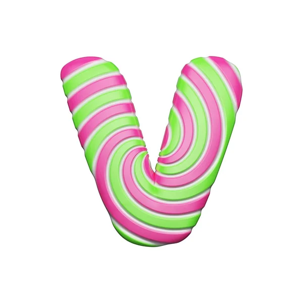 Dulce letra del alfabeto V. Fuente de Navidad hecha de piruleta a rayas en espiral rosa y verde. Representación 3D aislada sobre fondo blanco . —  Fotos de Stock