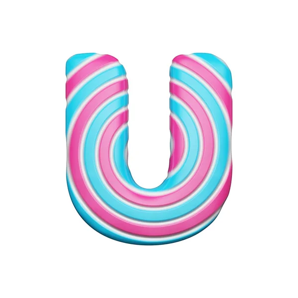 甜美字母 u 的圣诞字体由粉红色和蓝色螺旋条纹棒糖。3d 渲染在白色背景下被隔离. — 图库照片