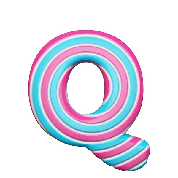 Süße Buchstabe q. Weihnachtsschrift aus rosa und blau spiralgestreiftem Lutscher. 3D-Darstellung isoliert auf weißem Hintergrund. — Stockfoto