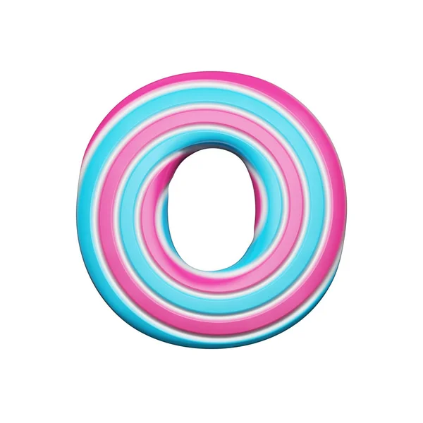甜蜜字母 o. 圣诞字体由粉红色和蓝色螺旋条纹棒糖。3d 渲染在白色背景下被隔离. — 图库照片