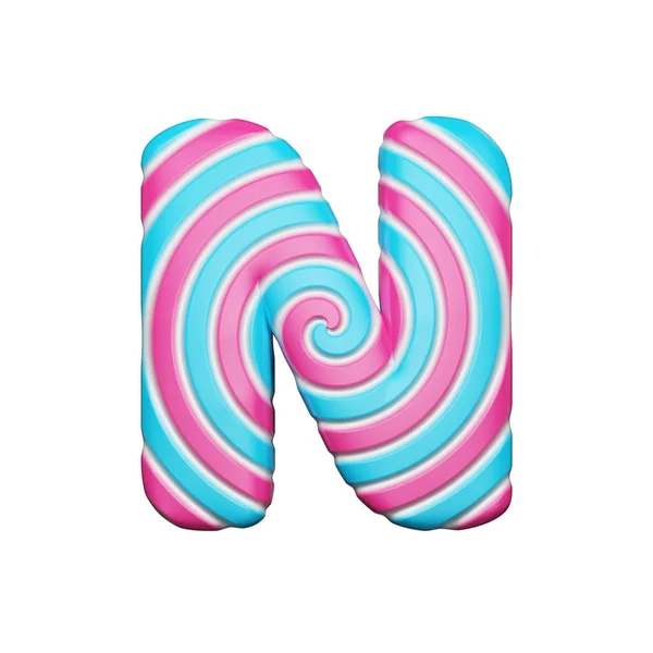 Sweet alphabet letter N. Christmas font made of pink and blue spiral striped lollipop. Renderização 3D isolada em fundo branco . — Fotografia de Stock