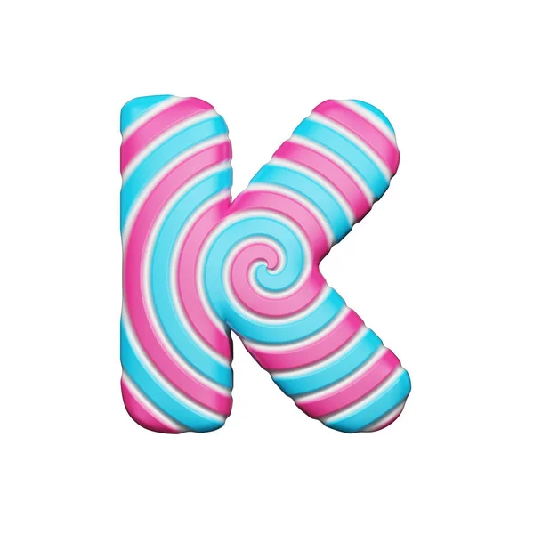 甜蜜字母 k. 圣诞字体由粉红色和蓝色螺旋条纹棒糖。3d 渲染在白色背景下被隔离. — 图库照片