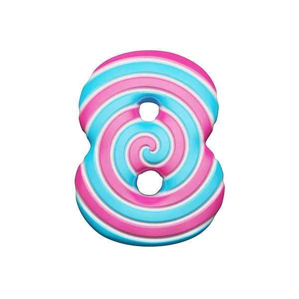 Alfabeto doce número 8. Fonte Christmas feita de pirulito listrado espiral rosa e azul. Renderização 3D isolada em fundo branco . — Fotografia de Stock