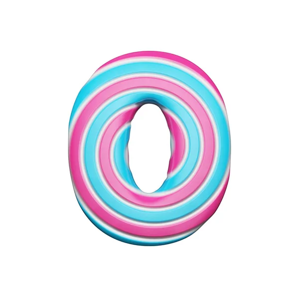 달콤한 알파벳 번호 0입니다. 핑크와 파란색 나선 줄무늬 사탕 크리스마스 글꼴에 의하여 이루어져 있다. 흰색 배경에 고립 된 3 차원 렌더링. — 스톡 사진