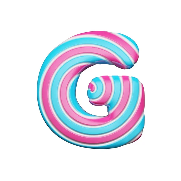 Sweet alphabet letter G. Christmas font made of pink and blue spiral striped lollipop. 3D render isolated on white background. — Stock Photo, Image