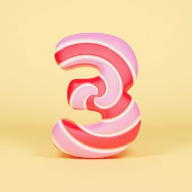 Alfabe sayısı 3. Pembe ve kırmızı çizgili lolipop Noel yazı tipi. sarı arka plan üzerinde 3D render.