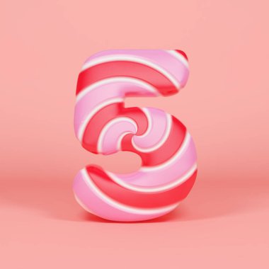 Alfabe sayı 5. Pembe ve kırmızı çizgili lolipop Noel yazı tipi. 3D render turuncu zemin üzerine.