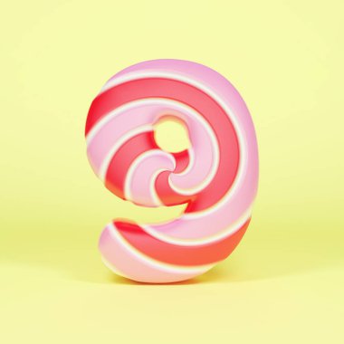 9 numara alfabe. Pembe ve kırmızı çizgili lolipop Noel yazı tipi. sarı arka plan üzerinde 3D render.