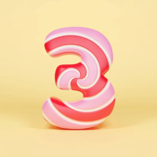 Alfabet nummer 3. Kerstmis lettertype gemaakt van roze en rood gestreepte lollipop. 3D render op gele achtergrond. — Stockfoto