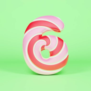 Alphabet number 6. Christmas font made of pink and red striped lollipop. 3D render on green background. clipart