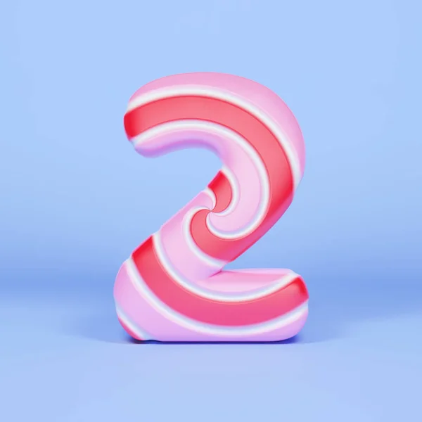 Alphabet number 2. Christmas font made of pink and red striped lollipop. 3D render on blue background. — Stock Photo, Image