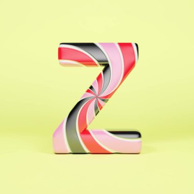 Alfabe harf büyük harf Z. Pembe, kırmızı ve siyah çizgili lolipop Noel yazı tipi. sarı arka plan üzerinde 3D render.