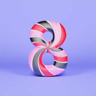 Alfabe sayı 8. Pembe, kırmızı ve siyah çizgili lolipop Noel yazı tipi. 3D render mavi zemin üzerine.