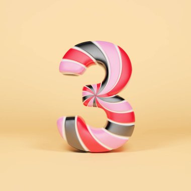 Alfabe sayısı 3. Pembe, kırmızı ve siyah çizgili lolipop Noel yazı tipi. 3D render turuncu zemin üzerine.