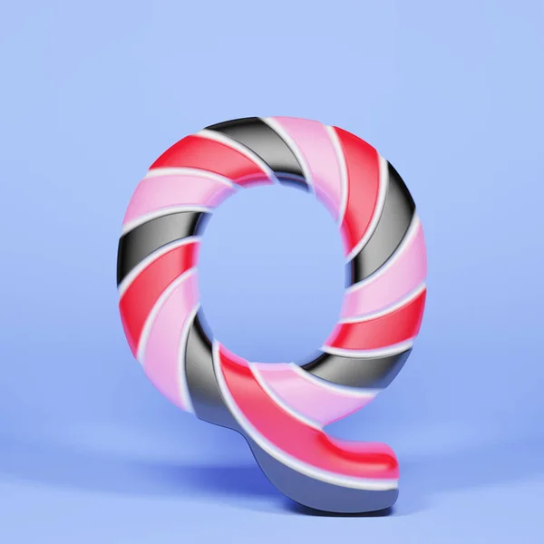 Ábécé levél Q nagybetűs. Karácsonyi betűtípus, a rózsaszín, piros-fekete csíkos nyalóka. 3D render a kék háttér. — Stock Fotó