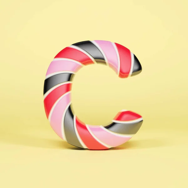 Litery C wielkie litery. Boże Narodzenie czcionki z lollipop paski różowy, czerwony i czarny. 3D renderowania na żółtym tle. — Zdjęcie stockowe