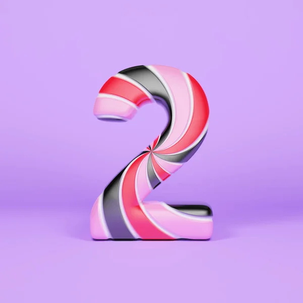 Alphabet numéro 2. Fonte de Noël en sucette à rayures roses, rouges et noires. rendu 3D sur fond violet . — Photo