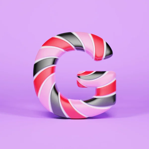 Ábécé levél G nagybetűs. Karácsonyi betűtípus, a rózsaszín, piros-fekete csíkos nyalóka. 3D render lila háttér. — Stock Fotó