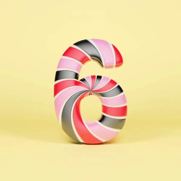Alphabet number 6. Christmas font made of pink, red and black striped lollipop. 3D render on yellow background.