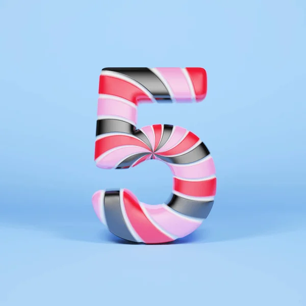 Alfabeto número 5. Fuente de Navidad hecha de rosa, rojo y negro a rayas piruleta. 3D renderizado sobre fondo azul . — Foto de Stock