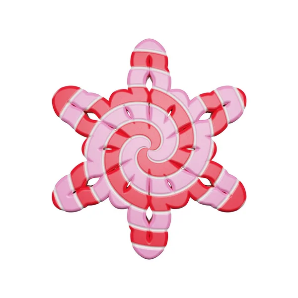 Feestelijke sneeuwvlok in rode en roze kleuren geïsoleerd op een witte achtergrond. Lolly van gestreepte gedraaide karamel gemaakt. 3D render. — Stockfoto