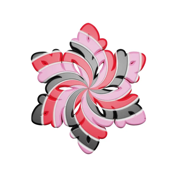 빨간색, 분홍색과 검은색 색상 흰색 배경에 고립 축제 눈송이. 줄무늬 꼬인된 카라멜 사탕에 의하여 이루어져 있다. 3d 렌더링. — 스톡 사진
