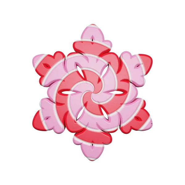 레드와 핑크 색상 흰색 배경에 고립 축제 눈송이. 줄무늬 꼬인된 카라멜 사탕에 의하여 이루어져 있다. 3d 렌더링. — 스톡 사진