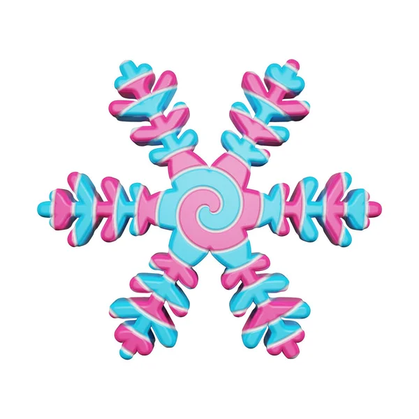 Copo de nieve festivo en colores rosa y azul aislado sobre fondo blanco. Piruleta hecha de caramelo retorcido a rayas. 3d renderizar . —  Fotos de Stock