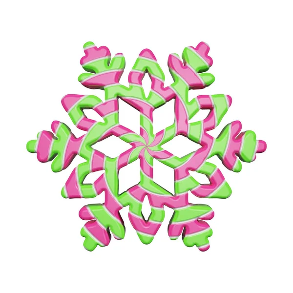 Copo de nieve festivo en colores rosa y verde aislado sobre fondo blanco. Piruleta hecha de caramelo retorcido a rayas. 3d renderizar . —  Fotos de Stock