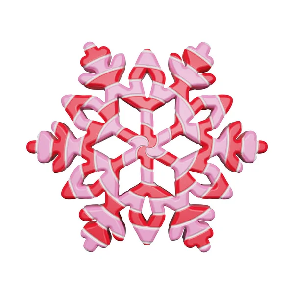 Fiocco di neve festivo nei colori rosso e rosa isolato su sfondo bianco. Lecca lecca fatta di caramello ritorto a strisce. rendering 3d . — Foto Stock