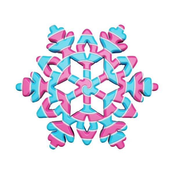 Copo de nieve festivo en colores rosa y azul aislado sobre fondo blanco. Piruleta hecha de caramelo retorcido a rayas. 3d renderizar . —  Fotos de Stock